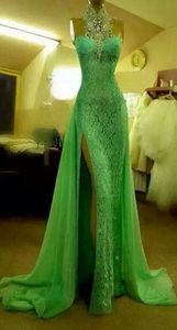 Robe de soirée en dentelle vert menthe scintillante devant fendue cristaux strass sirène robes de bal col haut licou robe formelle sexy