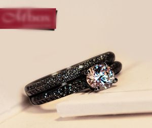 Conjunto de anillos de boda redondos de cristal para mujer, sortija de compromiso nupcial de oro negro a la moda, anillos de piedra de circón para mujer 7040036