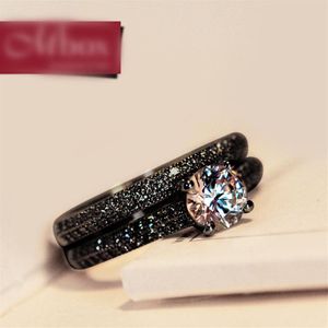 Conjunto de anillos de boda redondos de cristal para mujer, sortija de compromiso nupcial de oro negro a la moda, anillos de piedra de circón para mujer 233B