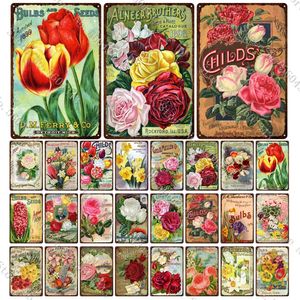 Catálogo de semillas de flores vintage Cubiertas Pintura de metal Narcisos Tulipanes Flor de bulbo Placas de metal retro Jardín Decoración del hogar Arte de la pared 20x30cm Woo