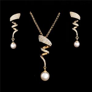 Collar de perlas de imitación Vintage, conjunto de joyas de oro para mujer, cristal transparente, elegante regalo de fiesta, conjuntos de bisutería de moda