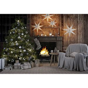 Vintage intérieur photographie décors de Noël vacances cheminée bois mur étincelant étoiles arbre de Noël gris chaise cadeau boîtes photo fond