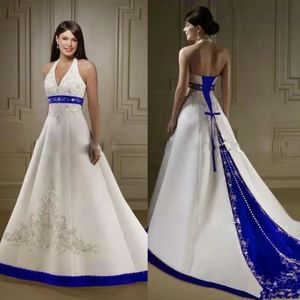 Vintage marfil y azul real borgoña satén una línea de vestidos de novia vestido de cuello halter espalda abierta con cordones corte por encargo bordado boda vestidos de novia