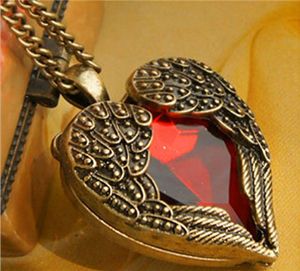 Bijoux Vintage Bronze sculpté aile d'ange cristal rouge amour coeur forme pendentif collier chaîne cadeau rétro charme longs colliers WCW104