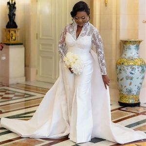 Combinaison vintage gaine robes de mariée col en V tenue à manches longues robe de mariée avec train détachable Nigeria dentelle tenue de mariée civile