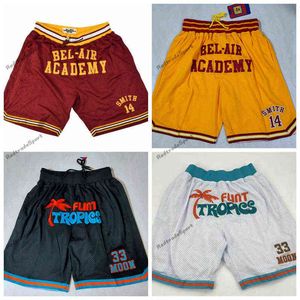 Vintage Just 14 Will Smith Fresh Prince Don Pantalones cortos de baloncesto Bel-Air Academy Pantalones de bolsillo Flint Tropics Semi Pro 33 Jackie Moon Retro Bck Rojo Amarillo Cremallera para hombre