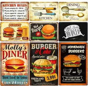 Placa de reglas de cocina vintage, hamburguesas, patatas fritas, cartel de chapa de Metal, decoración de la habitación del hogar, comida rápida, placa de Metal, póster de pared para comedor, 30x20cm W03