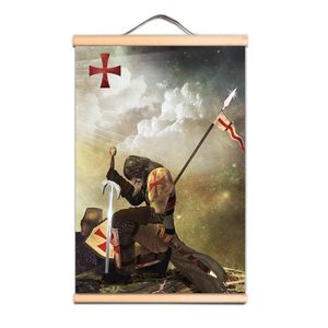 Affiches d'art mural Vintage des chevaliers templiers, croisades, armure de guerrier, peinture murale suspendue avec axe en bois massif, meilleur cadeau AB10