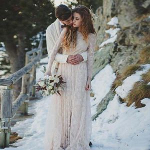 Vestidos de novia bohemios de encaje vintage, vestido de novia bohemio Hippie de talla grande con espalda descubierta y manga larga, vestido de novia barato