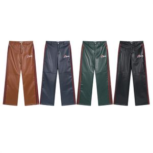 Pantalones de cuero de PU con cremallera y Bordado de letras Vintage para hombre, pantalones casuales a rayas a la moda para parejas, pantalones diarios