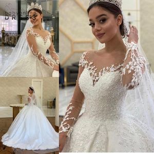 Vintage Long Sleeve Lace Ball Gown Wedding Dresses Dubai Arabic Sheer Neck Backless Appliques Sequins Bridal Gowns Luxury Robe de mariage BC11371
