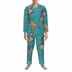Mapa vintage El pijama impreso coloca el mundo 1897 cómodo ropa de dormir hombre lg dormitorio suelto 2 piezas traje de hogar gran tamaño b0xj#
