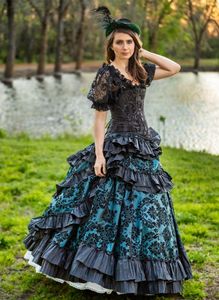 Vestidos de fiesta de disfraces vintage con volantes en niveles, verde azulado y negro, gótico victoriano, vestidos para ocasiones especiales para mujeres, vestido de noche hasta el suelo con corsé