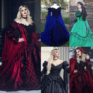 Vestido de fiesta medieval renacentista vintage Vestidos de novia Mangas largas Negro Azul real Vestido de mascarada gótico de Hollywood para mujer Vestidos con volantes y hombros descubiertos