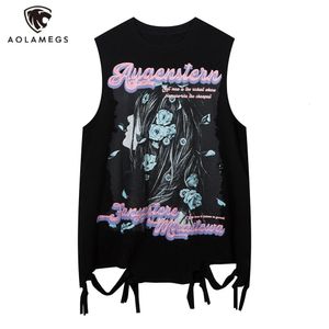 Vintage Hombres Hip Hop Tank Tops Retro Ripped Hole Girl Estampado gráfico Y2K Chaleco Streetwear High Street Washed Top suelto Negro Blanco 240312