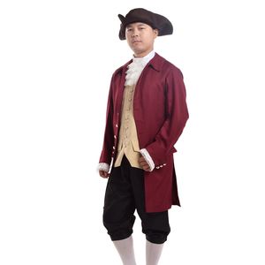 Vintage hommes Rococo Cosplay Costume révolution coloniale Costume uniforme gilet pantalon chapeau chaussettes dentelle col tenue