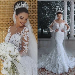 Vestidos de novia de sirena vintage de manga larga con apliques y cordones para novia