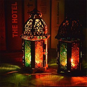 Candelabro hueco de Metal Vintage, candelabro marroquí de cristal de Color, farol colgante, decoración para el hogar, fiesta de boda