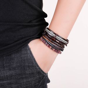 Conjunto de múltiples piezas vintage de brazalete de cuero hecho a mano con cuentas de cera y cuentas de cuero masculino 2019 nuevo