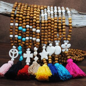 Vintage natural redondo cuentas de madera largo suéter cadena collar hecho a mano nacional paz cruz estrella bohemia borla colgante joyería de las mujeres