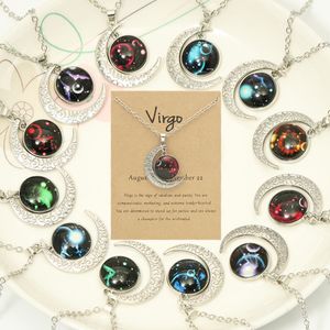 Vintage Noctilucent Douze Constellations Lune Pendentif Homme Femme Collier Bijoux Créateur Argent Plaqué Le Zodiaque Sud-Américain Choker Colliers avec Carte