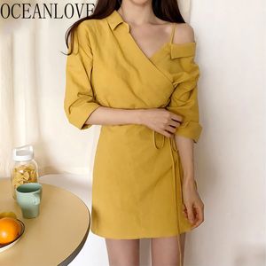 Vintage OL Robe Femmes Solide Hors Épaule Sexy Mode Jaune Robes Coréen Bandage Mini Robes Taille Haute 16616 210415