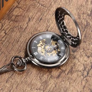 Vintage Pocket Watch Cadena Cool Hollow Mechanical Marril Black Watches Cubierta transparente 240416