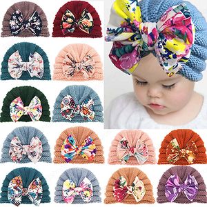 Gorros con lazo estampado Vintage para niñas, gorros de lana a rayas de punto a la moda, accesorios para el cabello para niños, regalo de Navidad