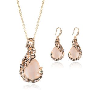 Vintage strass bijoux de mariée nouvelle mode or rose opale cristal paon collier boucles d'oreilles bijoux de mariage ensemble pour femmes 1122013
