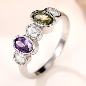 Anillos Vintage para mujer con incrustaciones de oliva/púrpura/blanco CZ Simple y elegante anillo de dedo para mujer joyería de aniversario de fiesta