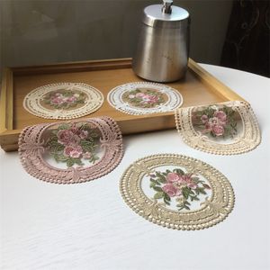 Mantel Individual lavable de tela de encaje de estilo europeo, bordado hecho a mano, para vasos, romántico, Vintage