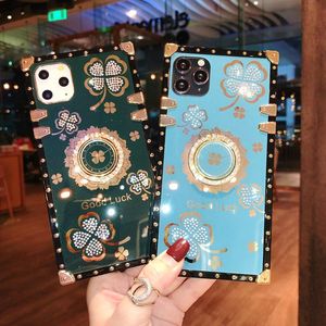 Vintage Rose Lucky Clover Flower Square Phone Cases para IPhone 13 Mini 12 Pro Max 6 7 8 Plus XR XSMAX 11ProMax Glitter Diamond Ring Holder Stand Soft Cover Case