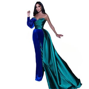 Vintage Royal Blue Velvet Vestidos de noche Sexy One Long Puff Sleeves Arabia Formal Prom Vestidos plisados Satin Party Dress