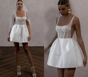 Vintage Short A Line Wedding Vestido 2024 Pearas de espagueti Top Bodice Satin Bode Bode Fiest Farty Vestido de Novia Robe de Mariage