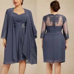 Vintage Blue Blue en V Mother of the Bride Dresses con Wrap A-Line Chiffon Lace Longitud de la rodilla Mamá del novio vestido de madrina para mujeres