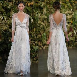 Robes de mariée en dentelle d'argent vintage Une ligne plongeante col en V ouvert bas du dos ceinture perlée Sheer manches longues étage longueur pas cher mariée 337h