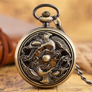 Vintage Steampunk Pocket Watch Hollow Out Case Phoenix Design Timepiece Hombres Mujeres Esqueleto Automático Relojes mecánicos Colgante Cadena Regalo