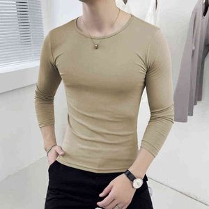 Camiseta Vintage para hombre, trajes de Club, camiseta que combina con todo de otoño, camiseta informal de manga larga de Color sólido con cuello redondo para el hogar, camiseta naranja blanca T220808