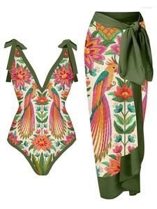 Vintage en V-colmes animaux imprimés de maillots de bain Summer Femelle Femelle One Piece Swimsuit and Cover-up Bathing Costumes Vacation Sexy / 2024