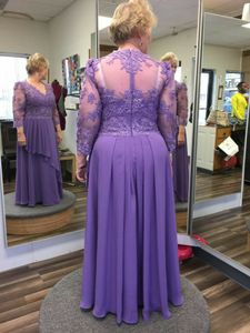 Vintage col en v longue en mousseline de soie violette mère de la mariée robes avec manches fermeture éclair étage longueur robe de soirée de mariage pour les femmes