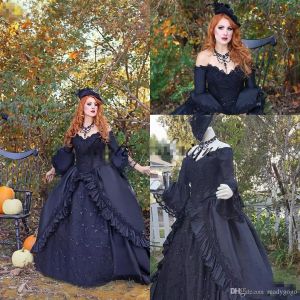 Vestidos de novia negros victorianos vintage con manga larga 2019 Retro Tallas grandes con encaje fuera del hombro Corsé gótico con cordones Vestido de novia de boda