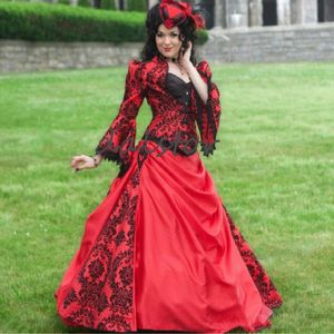 Vestidos de novia vintage Renacimiento Fantasía rojo y negro Corsé con cordones País Punk Vestido de novia gótico con manga larga