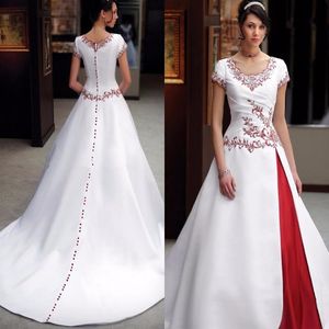 Vintage blanco y rojo mancha vestidos De novia 2022 dos tonos De encaje bordado botones manga casquillo vestido De novia Vestidos De Novia2594