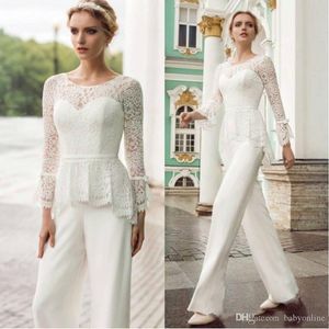 Vintage blanco madre de la novia novio pantalones trajes formal madre ocasión vestido encaje superior manga larga madre fiesta de noche mono