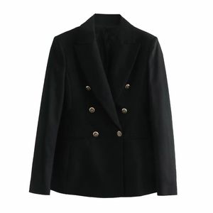 Chaqueta Vintage de doble botonadura para mujer, chaquetas de bolsillo para mujer, trajes informales ajustados para mujer, conjuntos elegantes negros sólidos para chicas 210427