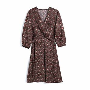 Vintage femmes élégant géométrie imprimer robes mode dames col en v robe drapée Streetwear femme Chic Vestidos 210430