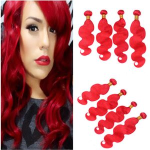 Extensiones de trama de cabello humano rojo brillante brasileño virgen Onda del cuerpo Paquetes de tejido de cabello virgen Color rojo Tejido de cabello humano 4 piezas / lote 10-30 