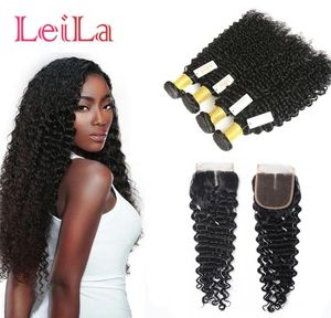 Virgin Hair Deep Wave 5PieCeslot Bundles avec fermeture en dentelle Péruvienne 100 cheveux humains non transformés trétèmes boucles coiffure complète 5567651