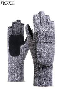 VISNXGI Trabajo Grueso Masculino Guantes sin dedos Hombres Mujeres Lana Invierno Cálido Dedo expuesto Manoplas de punto Cálido Flip Medio dedo Guantes C9415609