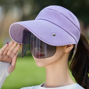 Viseras Diseño de marca Mujeres Sombrero de copa vacío con gafas Sombrero de cubo de ala ancha sólida Verano Sombrero de ciclismo al aire libre Sombrero de sol liso ajustable 230516